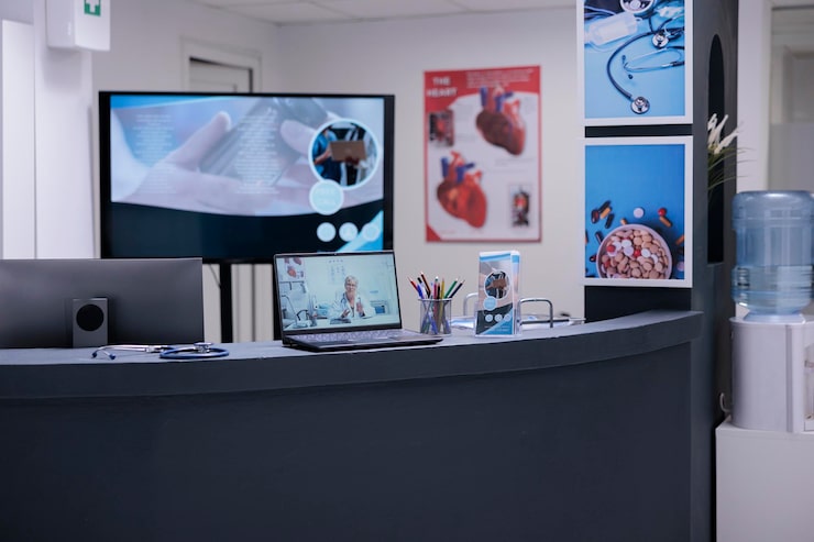 front desk medical clinic reception area with informative posters office supplies computers laptop hospital waiting area counter showing female general practitioner 482257 55713