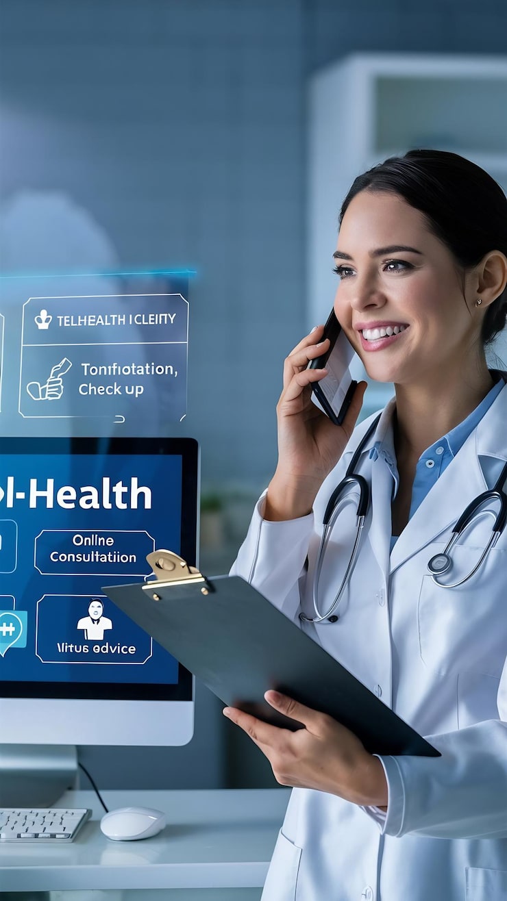 woman doctor phone call with computer clinic medical results appointment schedule v 1313853 10144