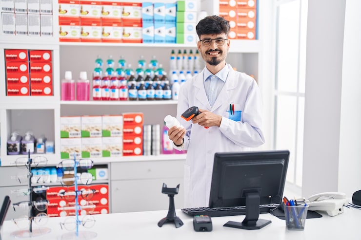 young hispanic man pharmacist smiling confident scanning pills bottle pharmacy 839833 10375